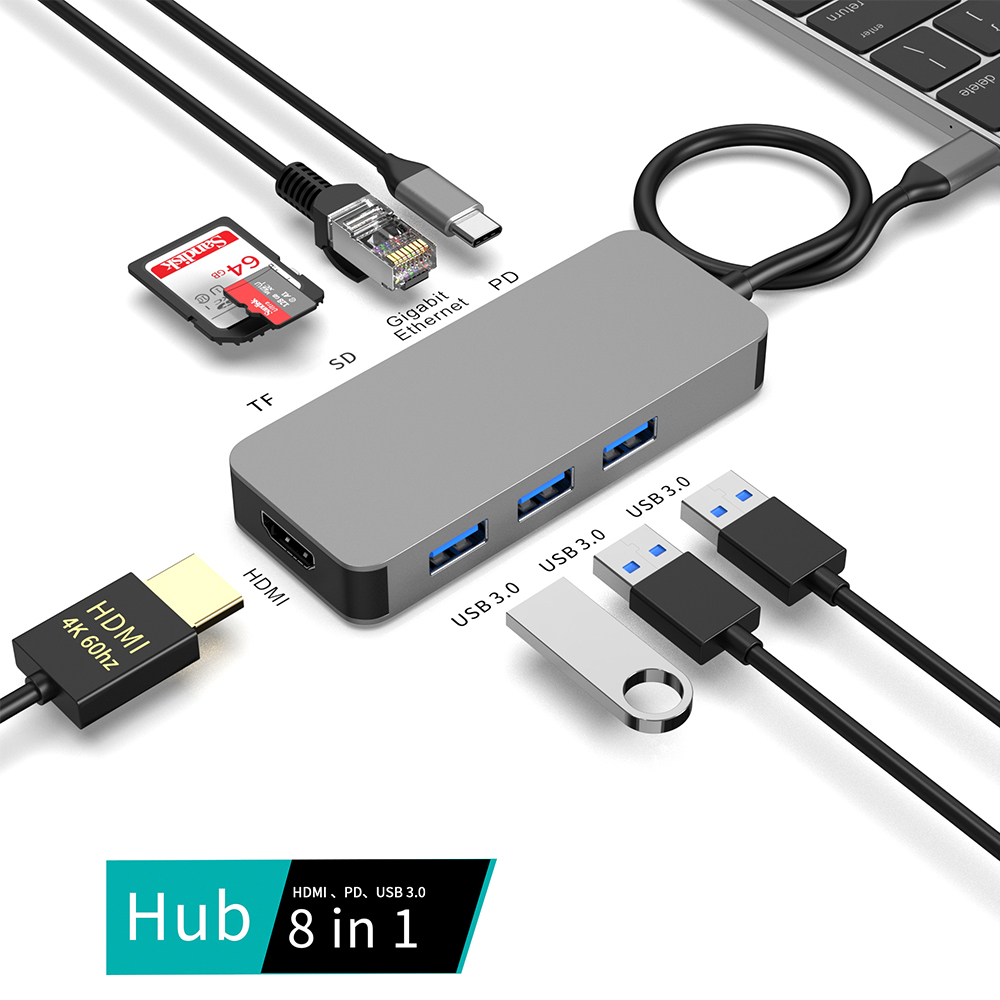 8-in-1 USB-C Hub Docking Station — 4K 60Hz HDMI, 3x USB 3.0, Gigabit Ethernet, SD/TF Card Reader, 100W PD | OEM Bulk Factory